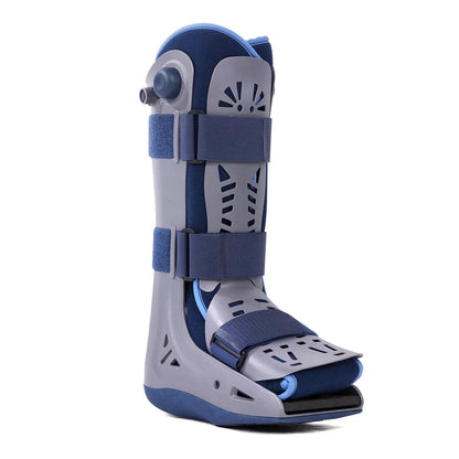 Attelle Botte de marche VELPEAU – vue de face mettant en avant les sangles de maintien et le design ergonomique, couleur bleu et gris.