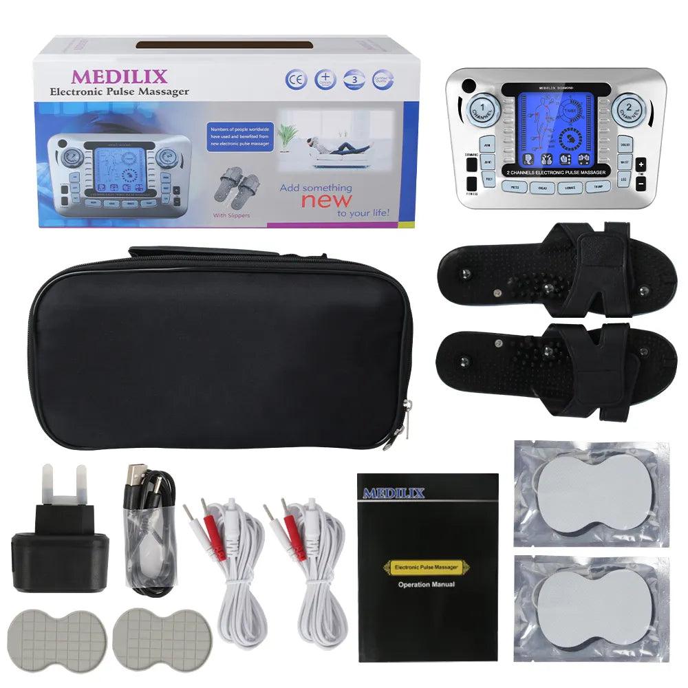 Appareil de Massage à Impulsions Électriques PulseRelax – vue du dessus avec écran bleu, accessoires et étui noir