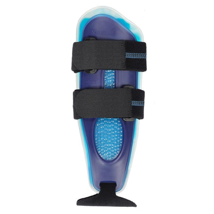 Attelle Cheville PowerGuard – vue de dessus d'une attelle bleue et transparente avec des bandes noires, mettant en avant ses détails de conception.