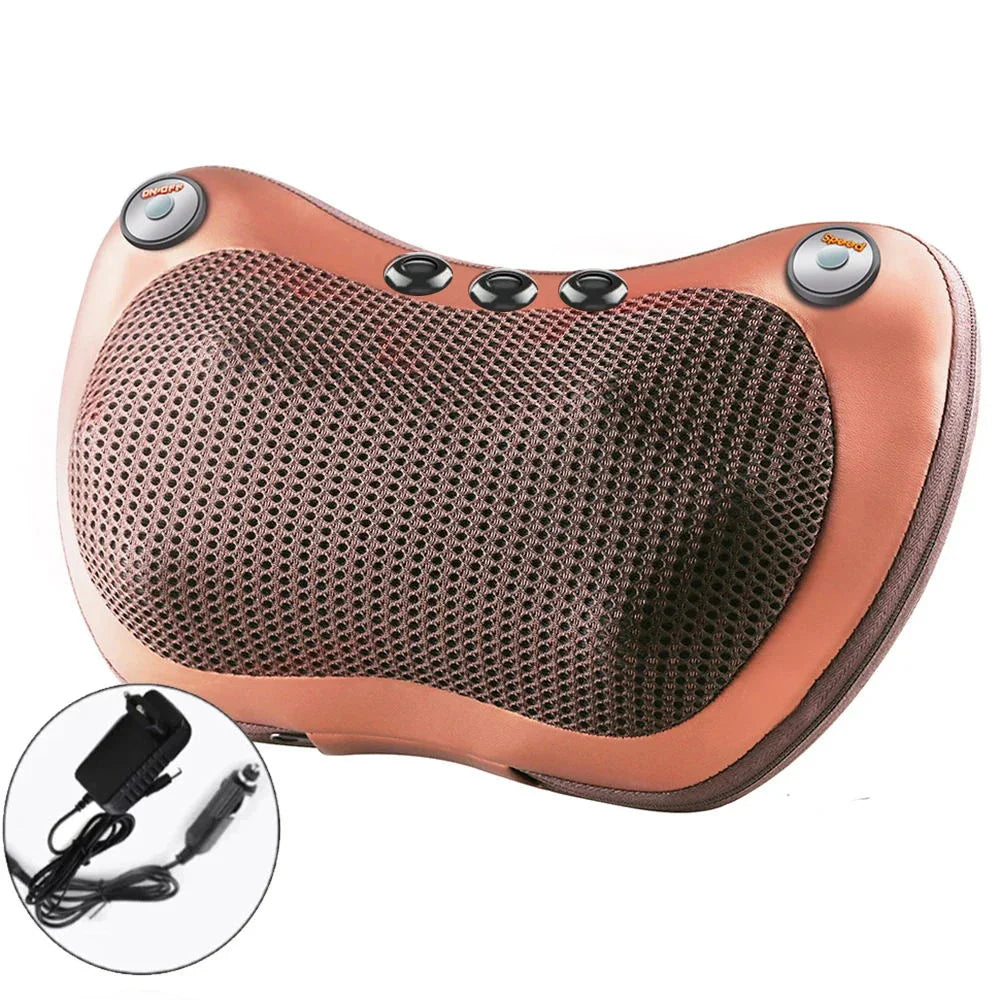 Oreiller de massage pour le dos – vue de l'oreiller en mesh avec boutons de contrôle et couleur cuivrée, câble d'alimentation visible