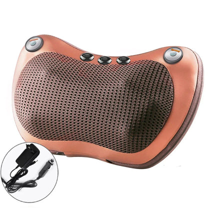 Oreiller de massage pour le dos – vue de l'oreiller en mesh avec boutons de contrôle et couleur cuivrée, câble d'alimentation visible