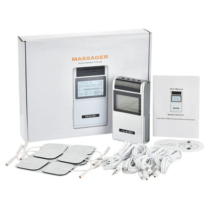 Appareil de Massage à Impulsions Électriques ElectroTherapy Massager – vue générale avec écran et électrodes visibles dans l'emballage