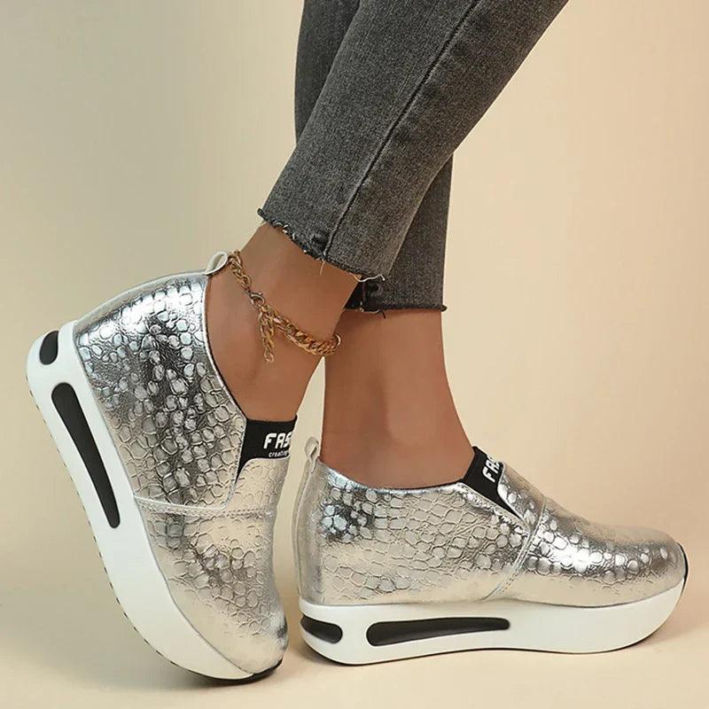 INEZ™ | Baskets à plateforme en cuir PU argentées - Confort Orthopédique
