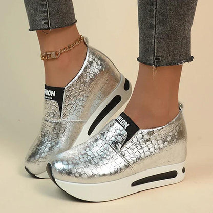 INEZ™ | Baskets à plateforme en cuir PU argentées - Confort Orthopédique