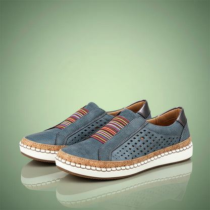 ADINA™ | Baskets orthopédiques confortables et élégantes – Baskets en cuir bleu avec détails colorés et semelle en jute
