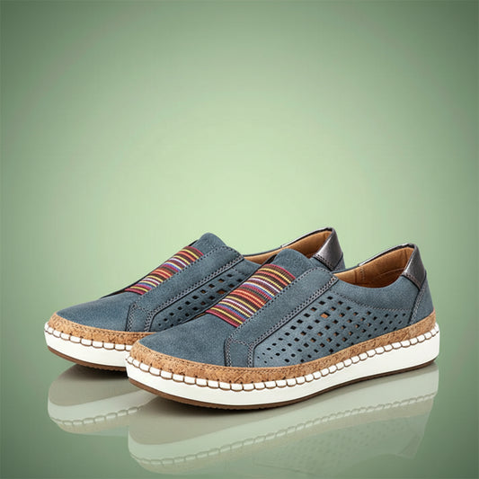 ADINA™ | Baskets orthopédiques confortables et élégantes – Baskets en cuir bleu avec détails colorés et semelle en jute