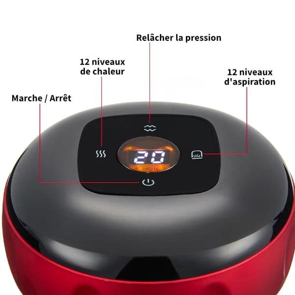 Appareil de massage anti-cellulite moderne à ventouse, vue du dessus montrant le panneau de contrôle avec écran et boutons de réglage.