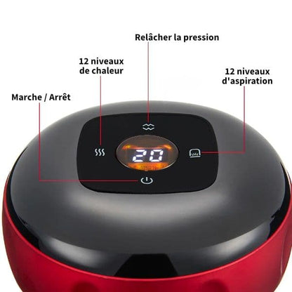 Appareil de massage anti-cellulite moderne à ventouse, vue du dessus montrant le panneau de contrôle avec écran et boutons de réglage.