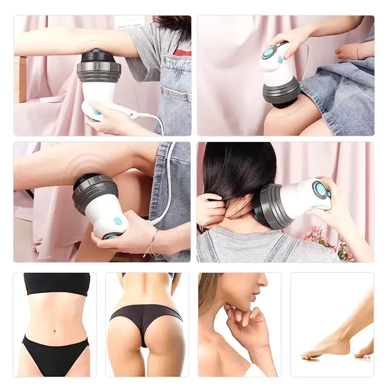Appareil de massage anti-cellulite corporel utilisé sur les bras et les jambes, design ergonomique en plastique blanc et noir.