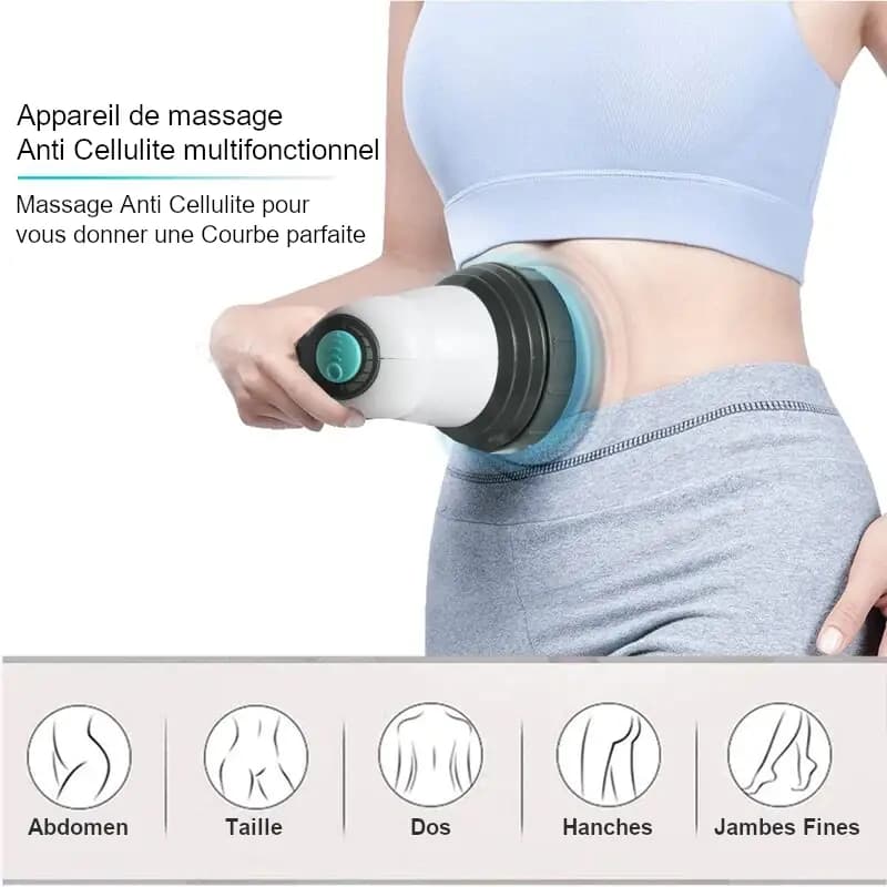Appareil de massage anti-cellulite corporel en action sur l'abdomen, design ergonomique avec bouton de contrôle et couleur blanche et noire.