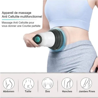 Appareil de massage anti-cellulite corporel en action sur l'abdomen, design ergonomique avec bouton de contrôle et couleur blanche et noire.