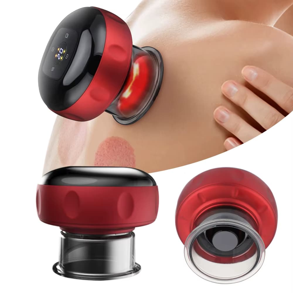 Appareil de massage anti-cellulite moderne à ventouse, rouge et noir, en action sur la peau, montrant son design ergonomique et ses détails raffinés.