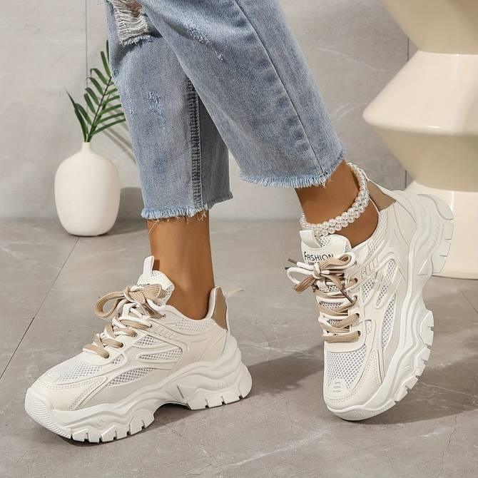 Chaussures orthopédique Chunky Blanches avec Détails Marron - Confort Orthopédique