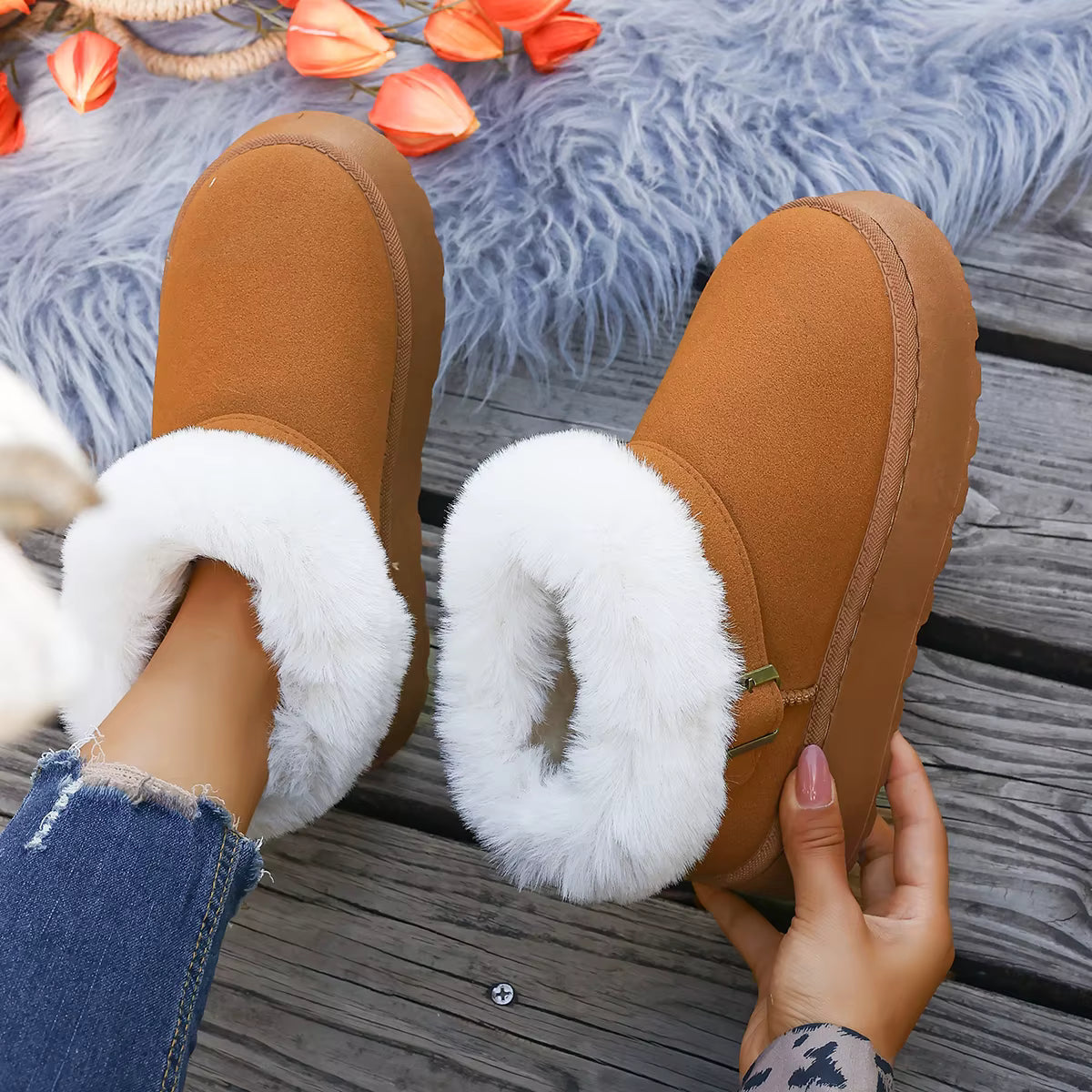 Boots de Neige Femme : Style et Chaleur en Conditions Hivernales – Boots marron avec fourrure blanche, portées sur un chemin en bois, vue de près.