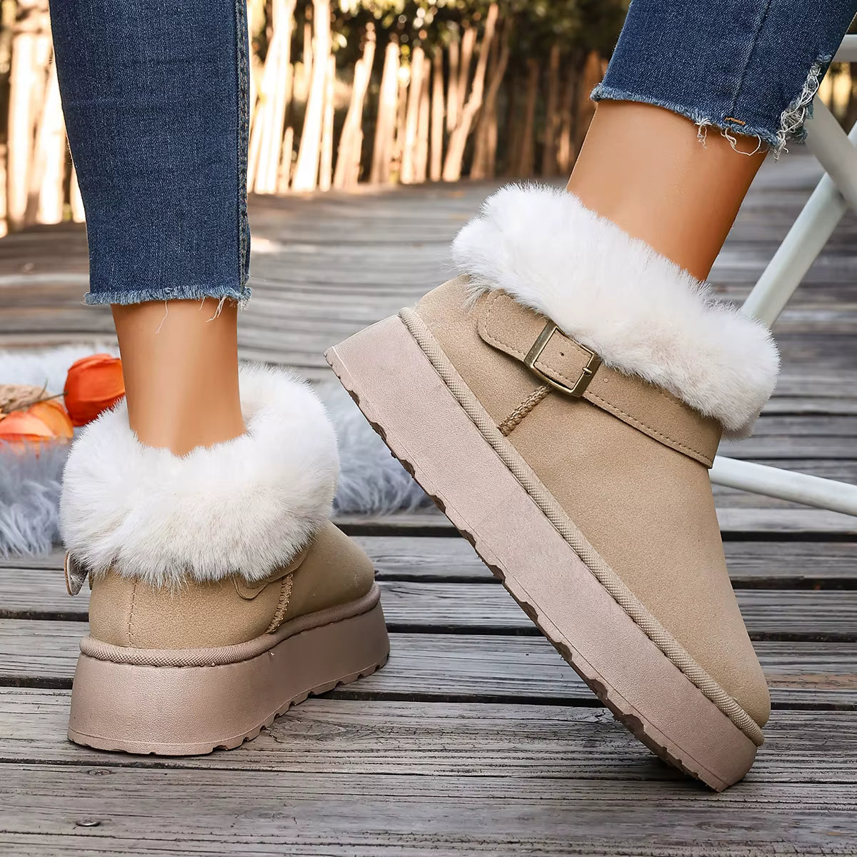 Boots de Neige Femme : Style et Chaleur en Conditions Hivernales – Boots beiges avec fourrure blanche, vue latérale sur un chemin en bois.