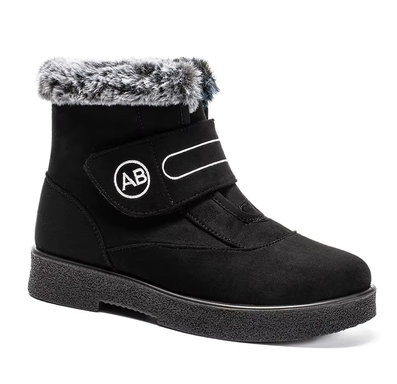 Bottines Femmes - Modèle AB - Bottines noires avec doublure en fourrure, fermeture velcro et semelle épaisse, vue latérale