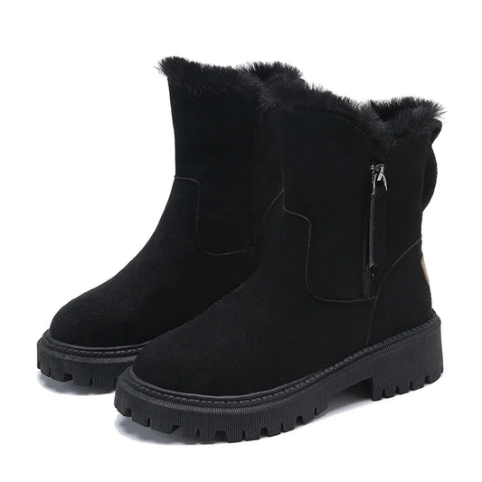 Bottes de Neige Femme noires, fourrées et chauffantes, avec fermeture éclair latérale et semelle antidérapante, idéales pour l'hiver.