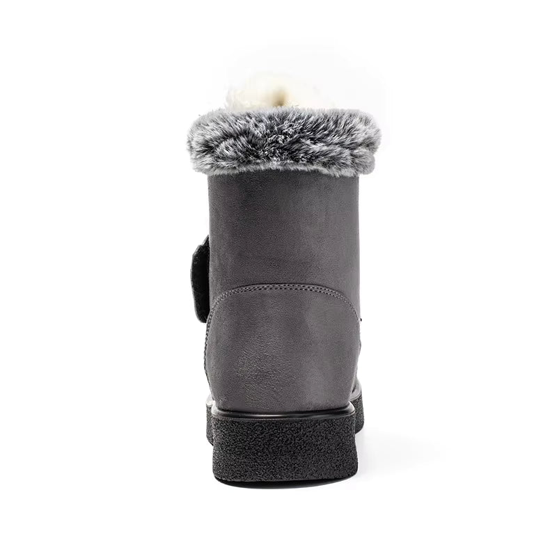 Bottines Femmes - Modèle AB en cuir gris avec col en fourrure, vue arrière, semelle antidérapante.