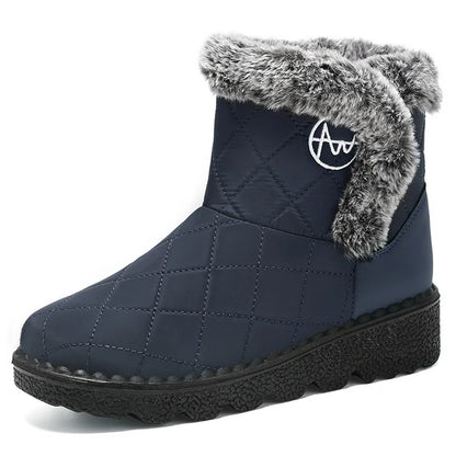 Bottines d'Hiver Femme couleur bleu marine avec fourrure grise, vue de côté, design matelassé et semelle épaisse.
