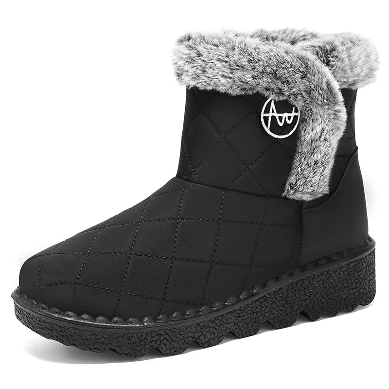 Bottines d'Hiver Femme noires avec doublure en fourrure grise, vue de côté, design matelassé et semelle épaisse.