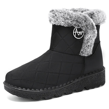 Bottines d'Hiver Femme noires avec doublure en fourrure grise, vue de côté, design matelassé et semelle épaisse.