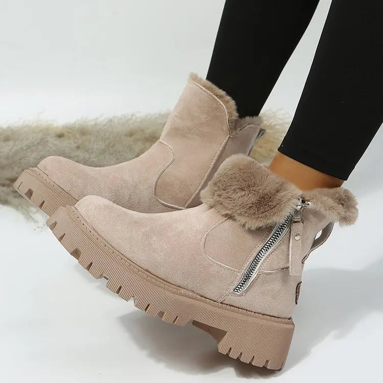 Bottes de Neige Femme beige, fourrées avec col en fourrure, fermeture éclair latérale et semelle crantée, idéales pour l'hiver.