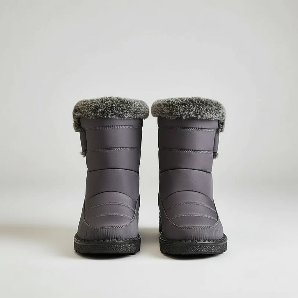 Bottines de Neige Femme : Élégance et Performance Hivernale – vue arrière avec doublure en fourrure grise et design imperméable