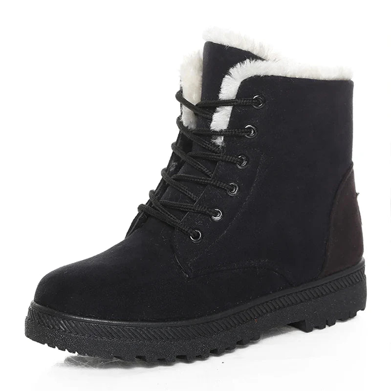 Bottines à Lacets Femme en cuir noir avec doublure en fausse fourrure, vue de face mettant en avant les lacets et la semelle antidérapante.