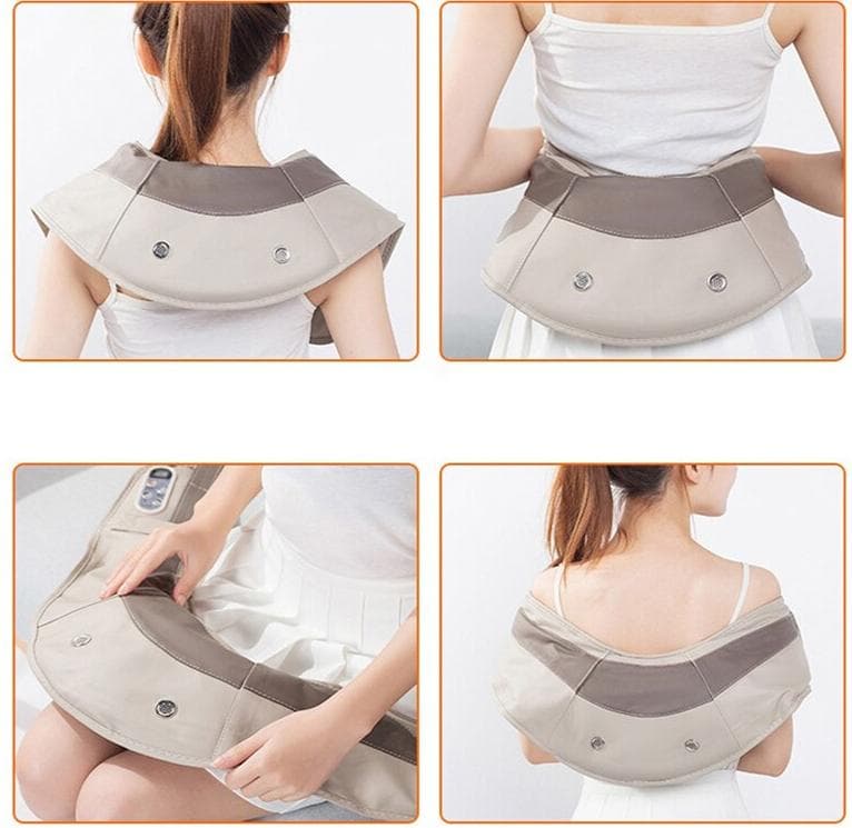Châle électrique massage corporel Shiatsu – châle beige avec détails marron, porté sur les épaules d'une personne assise.