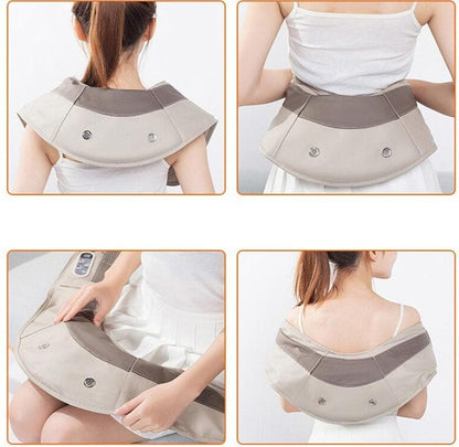 Châle électrique massage corporel Shiatsu – châle beige avec détails marron, porté sur les épaules d'une personne assise.