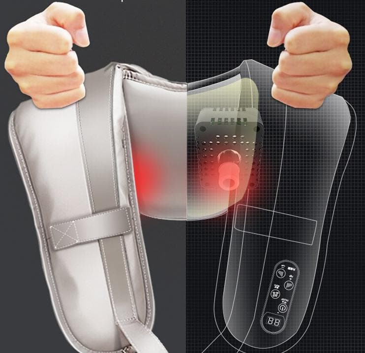 Châle électrique massage corporel Shiatsu – gros plan sur la télécommande et le mécanisme de massage, montrant les boutons et la lumière rouge.