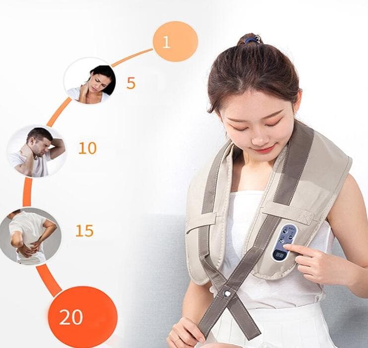Châle électrique massage corporel Shiatsu – châle beige porté par une personne avec télécommande visible, soulignant les zones de massage.