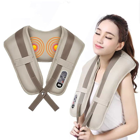 Châle électrique massage corporel Shiatsu – châle beige avec télécommande, porté par une personne, mettant en avant les zones de massage.