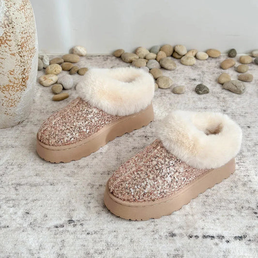 Chaussons Femme Tendance - Peluche Courte Douce - Style Élégant avec paillettes dorées et fourrure blanche sur le haut