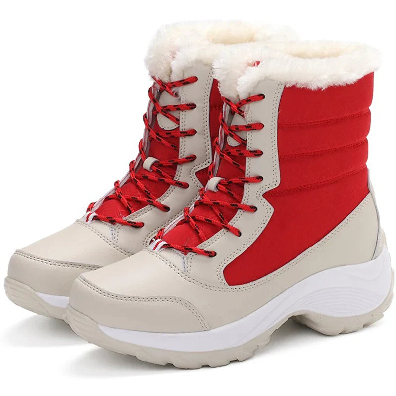 Chaussures d'Hiver Femme : Élégance et Confort – Bottes beige et rouge avec fourrure, vue latérale mettant en avant les lacets et le design rembourré.