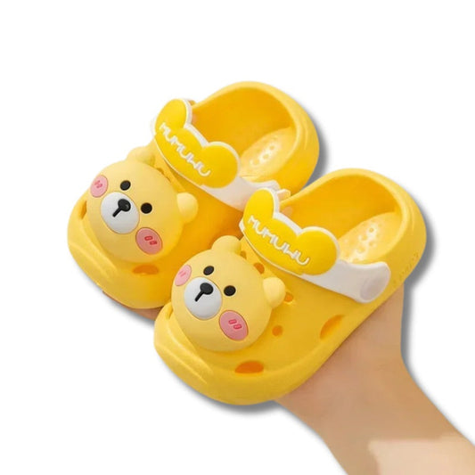 Claquette enfant - Modèle Bear – sandales jaunes avec motif ours souriant, légères et respirantes, idéales pour l'été.