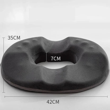 Coussin Ergonomique Lombaire en Relief avec Trou Central pour Homme – coussin noir en forme de donut avec dimensions de 42 cm et 35 cm visibles