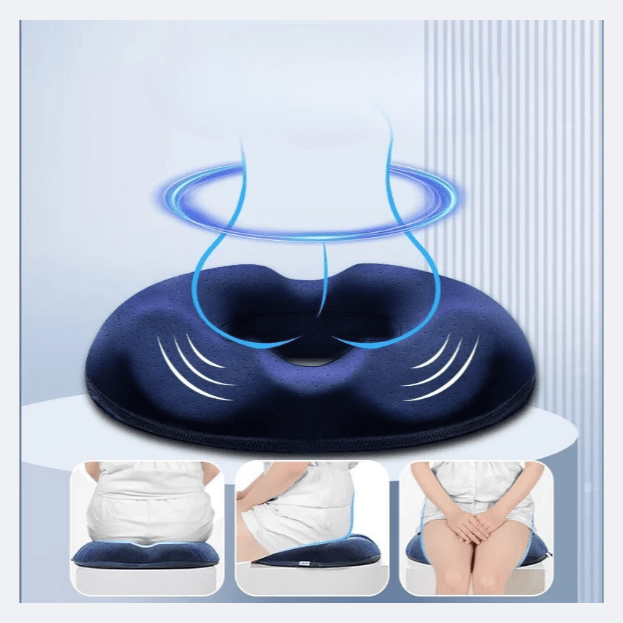 Coussin Orthopédique Dos à Mémoire de Forme Style Donut – coussin bleu avec design ergonomique, vue de face sur une surface plane