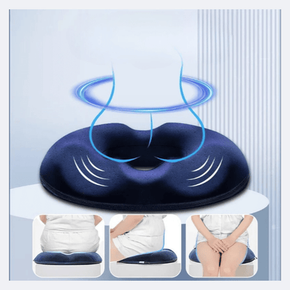 Coussin Orthopédique Dos à Mémoire de Forme Style Donut – coussin bleu avec design ergonomique, vue de face sur une surface plane