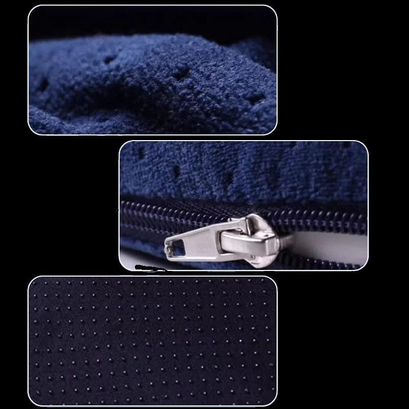 Coussin Orthopédique Dos à Mémoire de Forme Style Donut – détail de la texture en mousse bleu avec zip et perforations pour la respirabilité