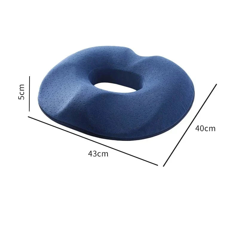 Coussin Orthopédique Dos à Mémoire de Forme Style Donut – coussin bleu en mousse à mémoire de forme, vue de dessus avec dimensions indiquées