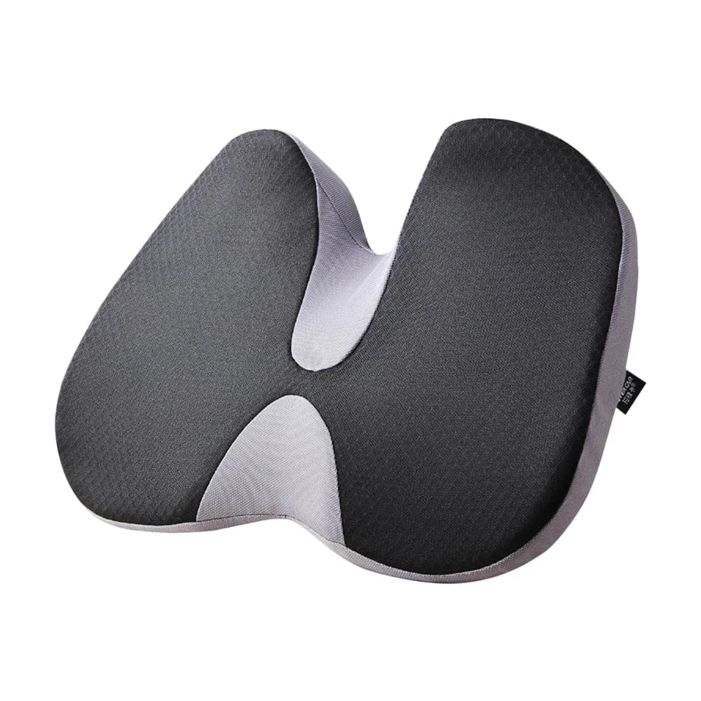 Coussin Orthopédique en Mousse à Mémoire de Forme pour Chaise ou Siège Automobile – vue de côté avec texture en mesh et coloris noir et gris