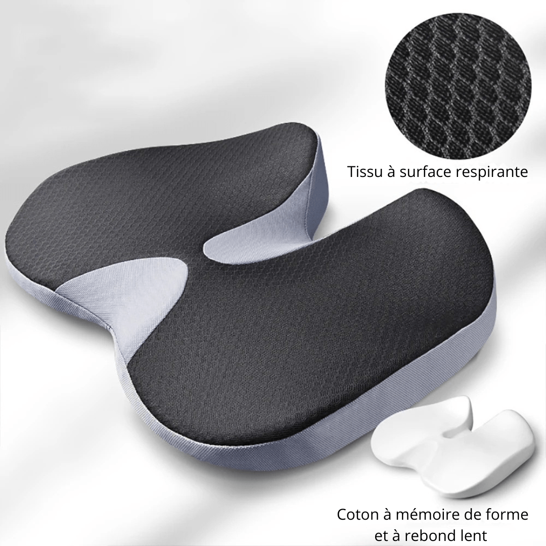 Coussin Orthopédique en Mousse à Mémoire de Forme pour Chaise ou Siège Automobile – coussin noir avec contours arrondis et texture mesh respirante