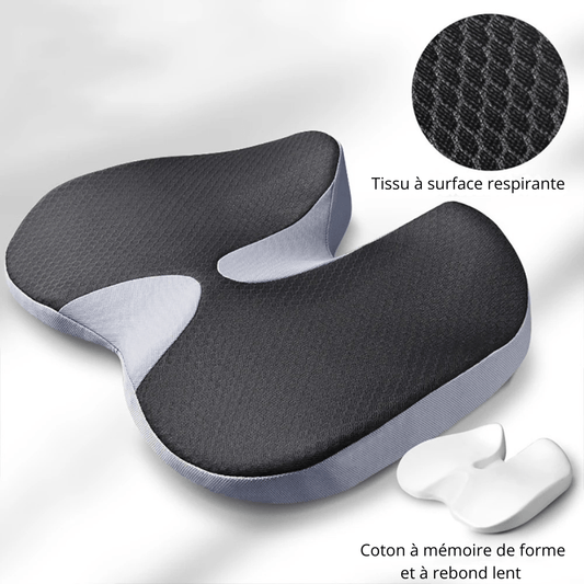 Coussin Orthopédique en Mousse à Mémoire de Forme pour Chaise ou Siège Automobile – coussin noir avec contours arrondis et texture mesh respirante