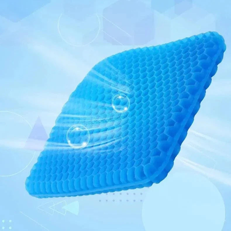 Coussin Orthopédique en Nid d’Abeille – vue en perspective avec texture alvéolée en bleu, léger reflet sur la surface