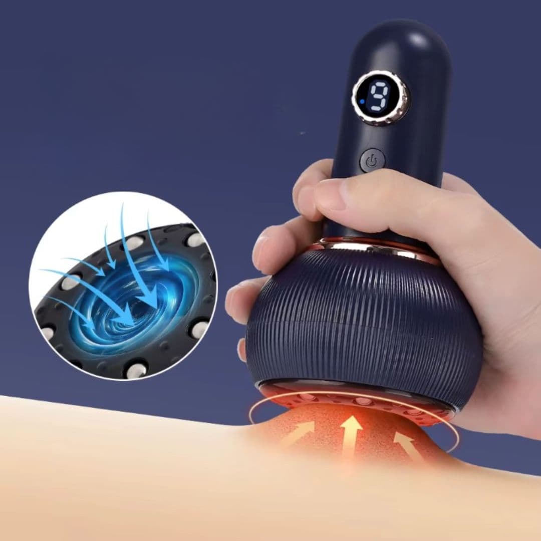 Appareil de massage design à ventouse – main tenant l'appareil bleu marine avec surface texturée, utilisé sur la peau pour un massage relaxant