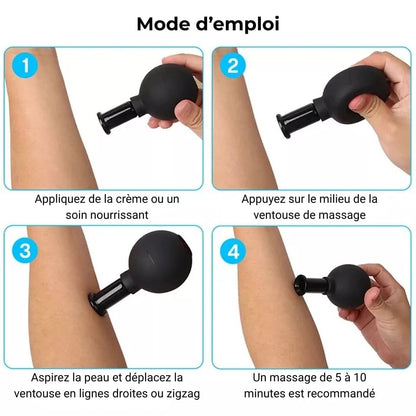 Lot de 4 ventouses anti-cellulites noires en silicone, montrant l'application sur la peau avec des mouvements circulaires.