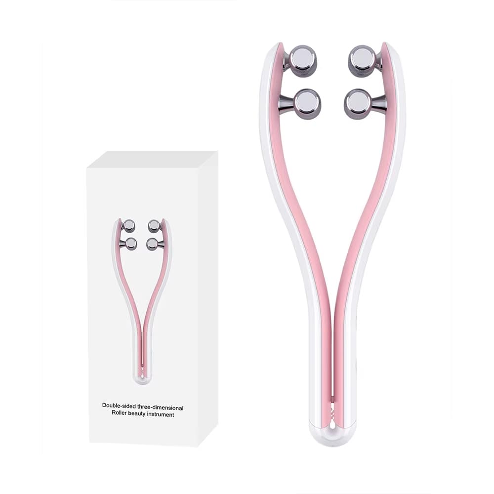 Appareil massage visage ergonomique de style rouleau – rouleau à double face avec finition rose et blanche, conçu pour un massage relaxant.