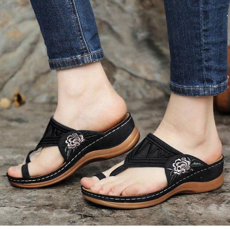 Sandales orthopédique femme brodées de fleurs Confort Orthopédique