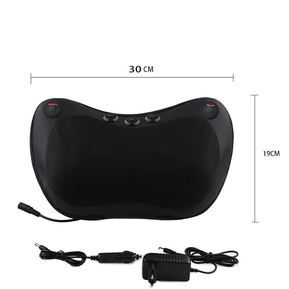 Oreiller de massage pour le dos – vue de face avec dimensions indiquées, boutons de contrôle en haut et texture en mesh noir